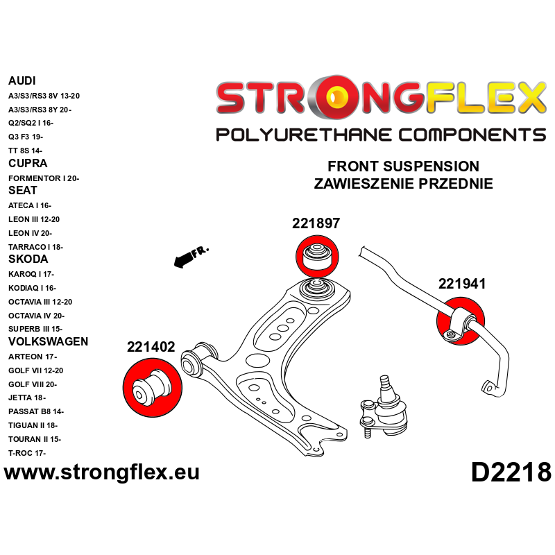 Strongflex kit boccole anteriori GOLF MK7/7.5 GTI - durezza 80sha (equivalente powerflex viola)