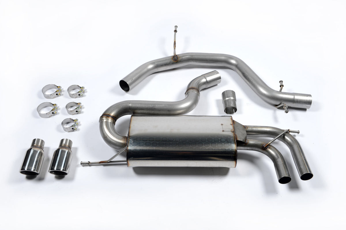 Scarico cat-back Milltek Non-resonated omologato con finalini doppi Jet-80 lucidi per VW Golf 5 GTI, Seat Leon 1P FR 2.0